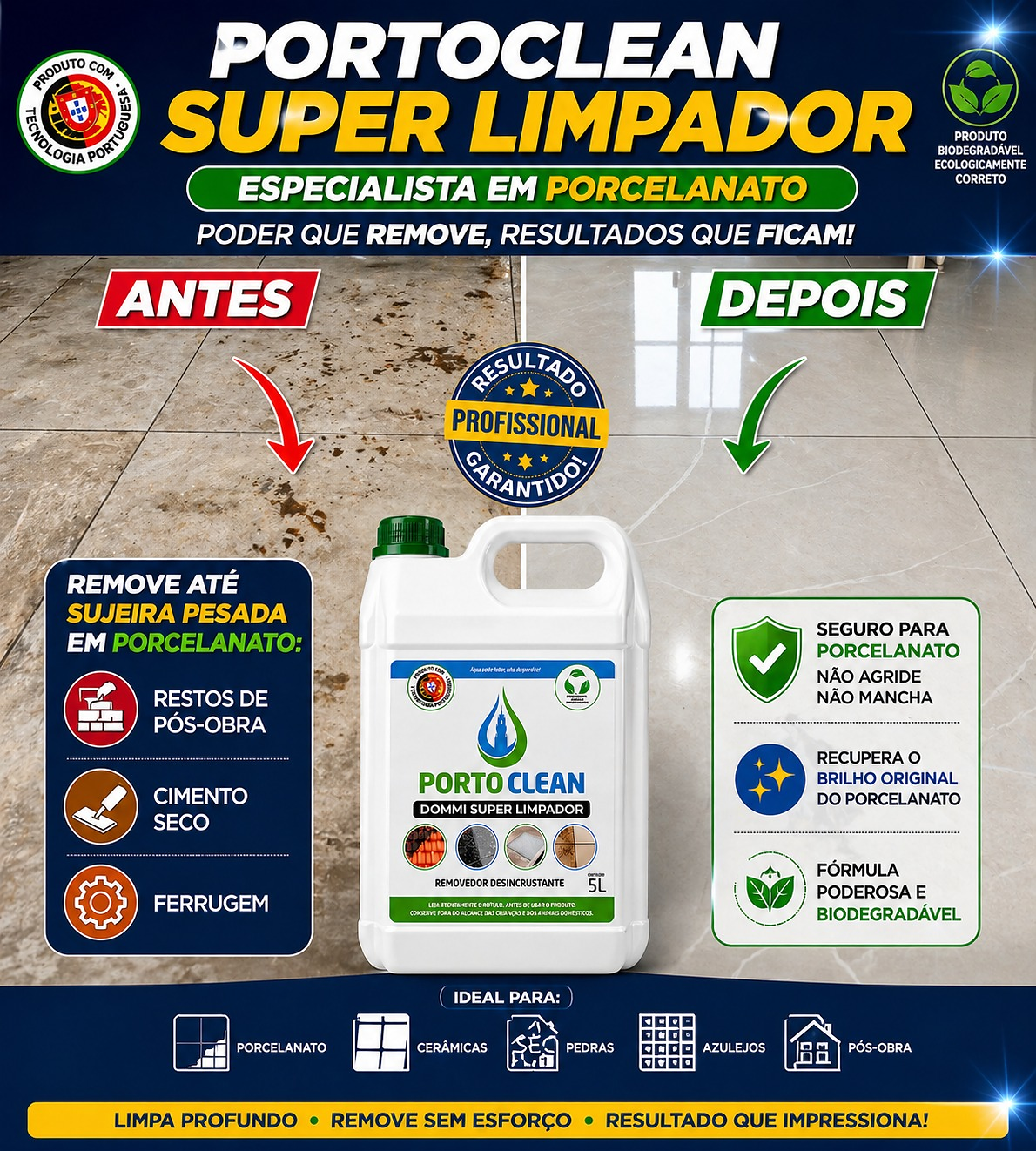 PORTO CLEAN Super Limpador especialista em porcelanato: comparação antes e depois